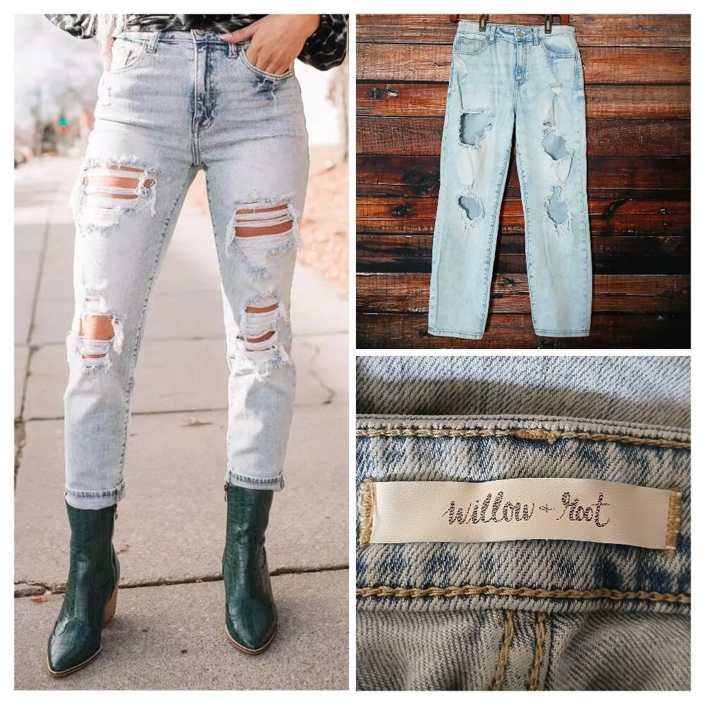 Willow & Root Jeans 27 Distressed High Rise Mom Ankle Light Wash Stretch